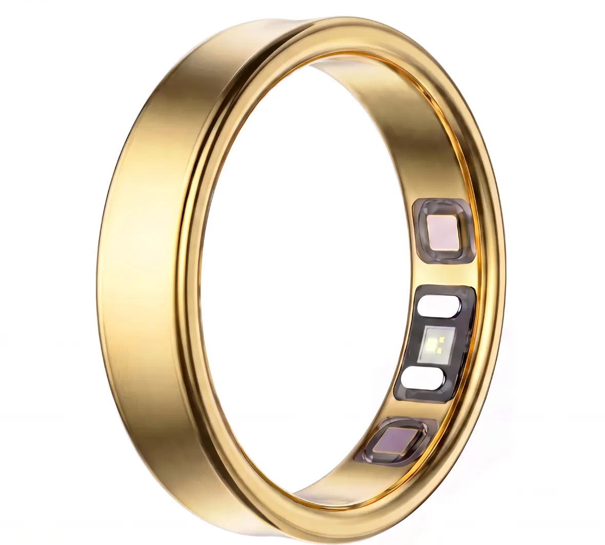 The Nuet smart ring in 18ct gold, with its health sensors and charging contacts on the inside